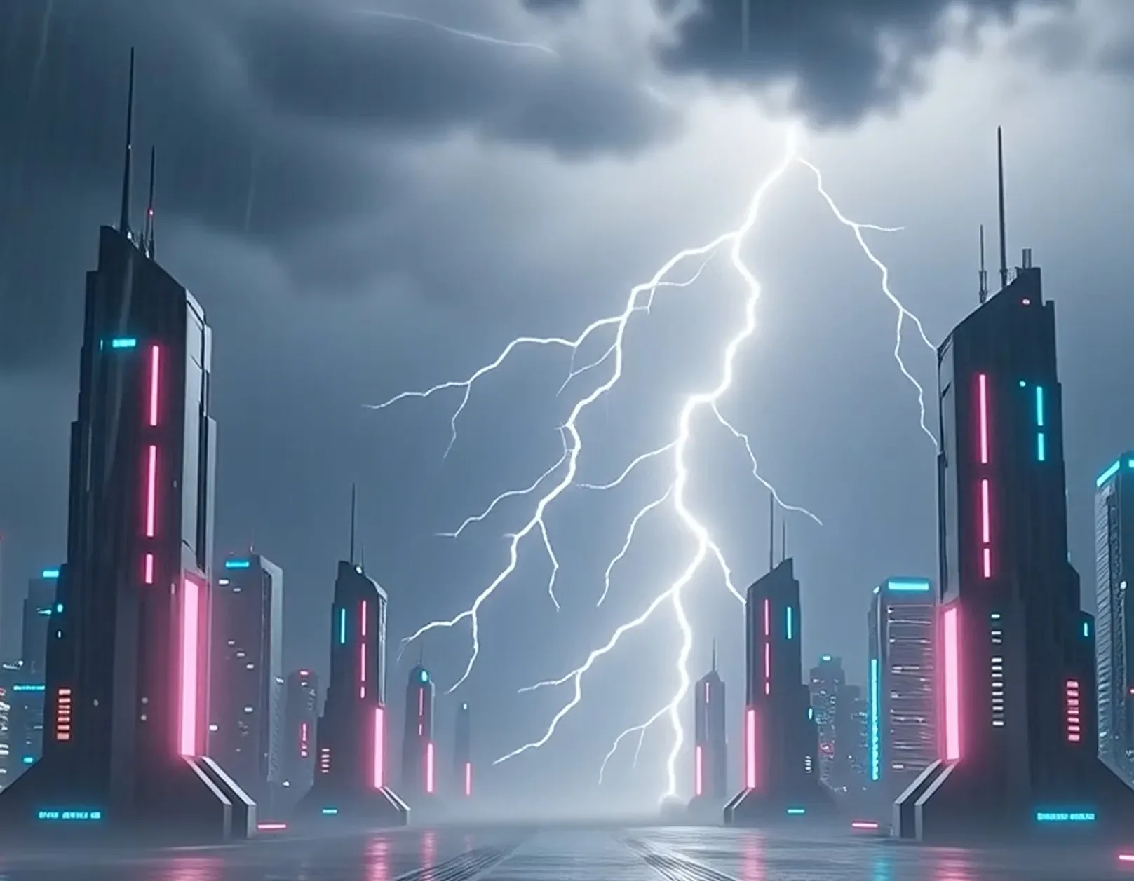 Happy Horse end frame — neon city after thunderstrike