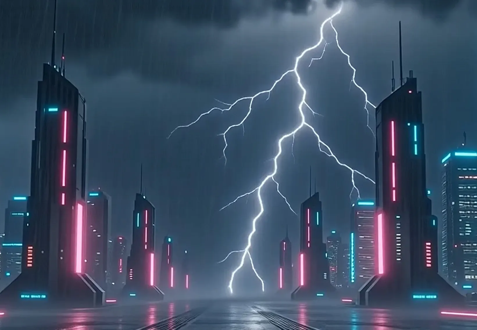 Happy Horse start frame — lightning over a neon city